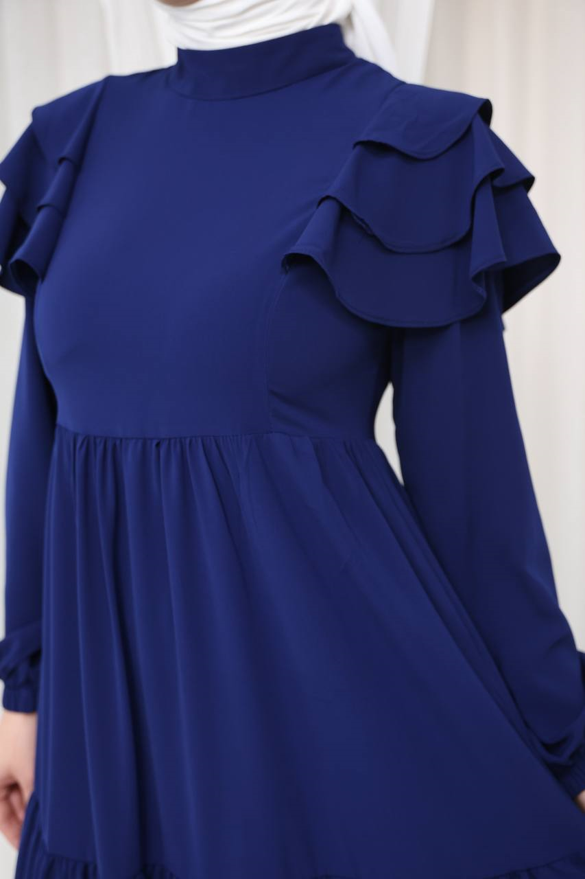 7121 Nazlı Kat Kat Elbise - Saks Mavisi