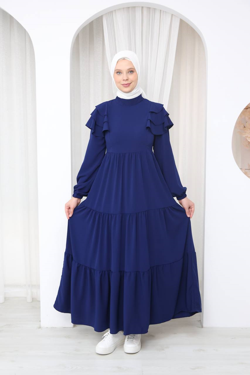 7121 Nazlı Kat Kat Elbise - Saks Mavisi