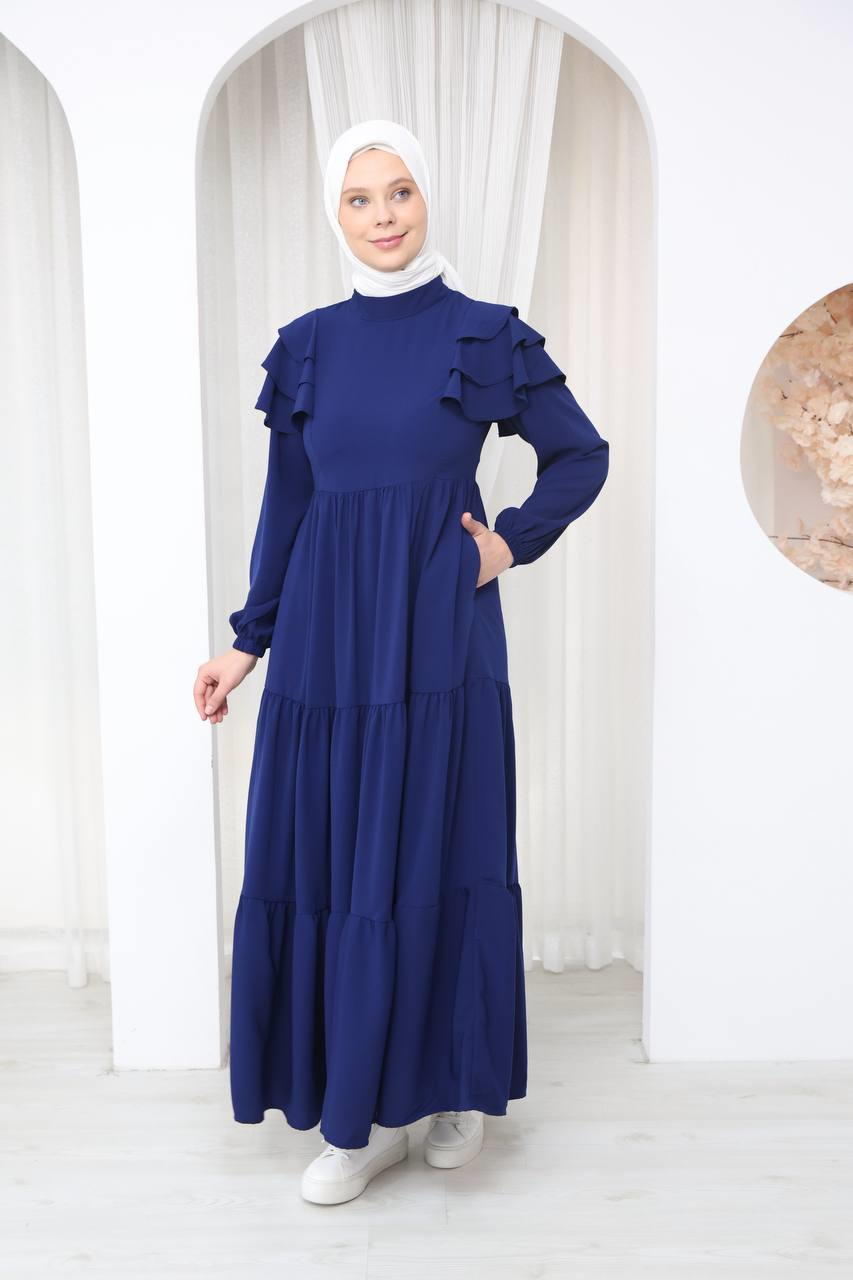 7121 Nazlı Kat Kat Elbise - Saks Mavisi