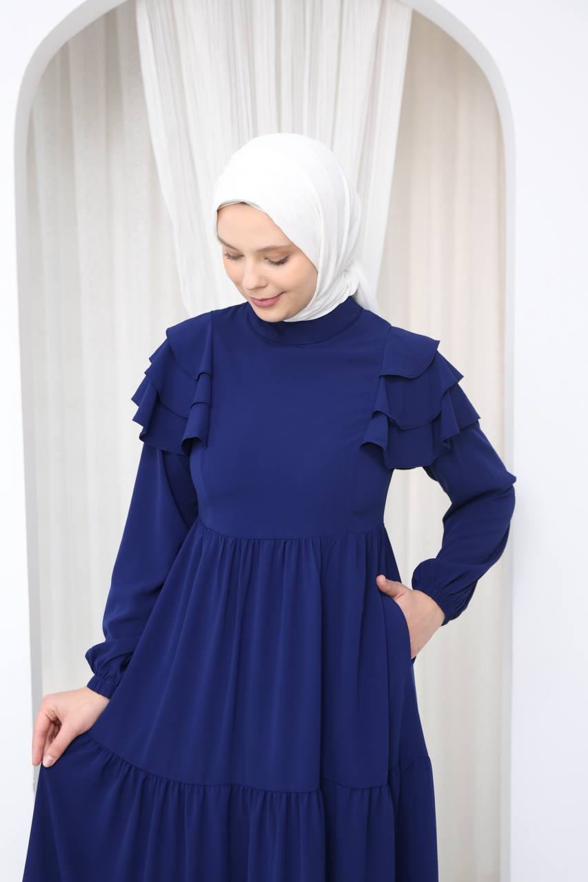 7121 Nazlı Kat Kat Elbise - Saks Mavisi