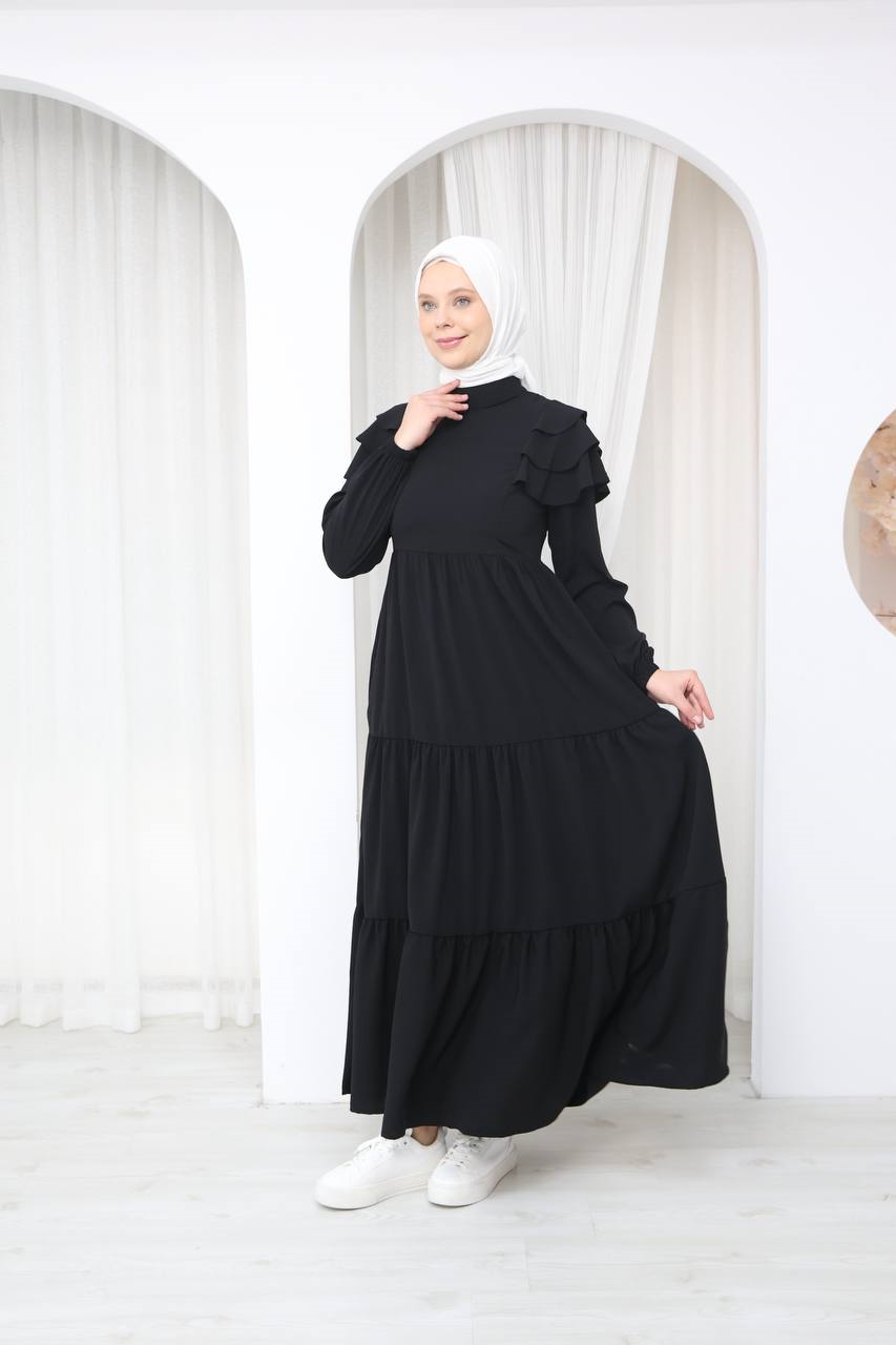 7121 Nazlı Kat Kat Elbise - Siyah