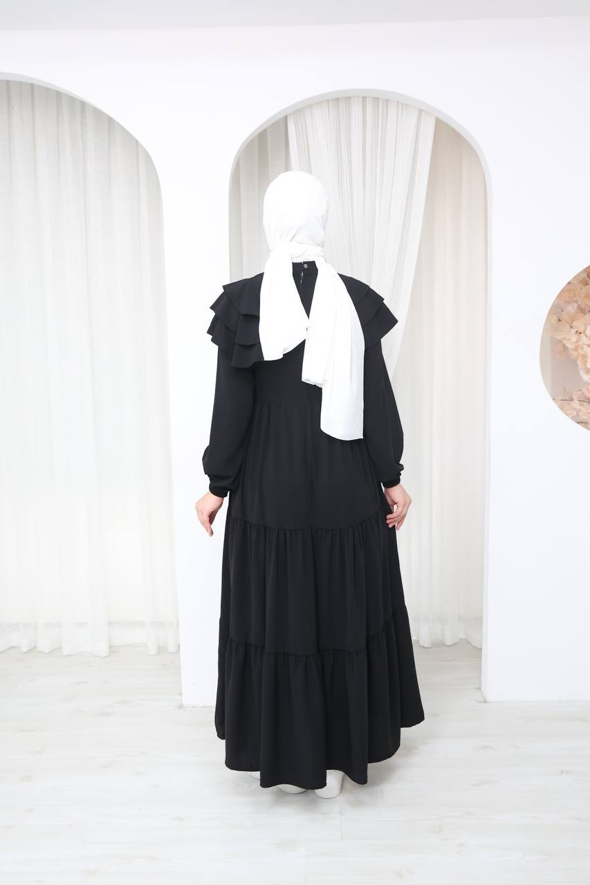 7121 Nazlı Kat Kat Elbise - Siyah