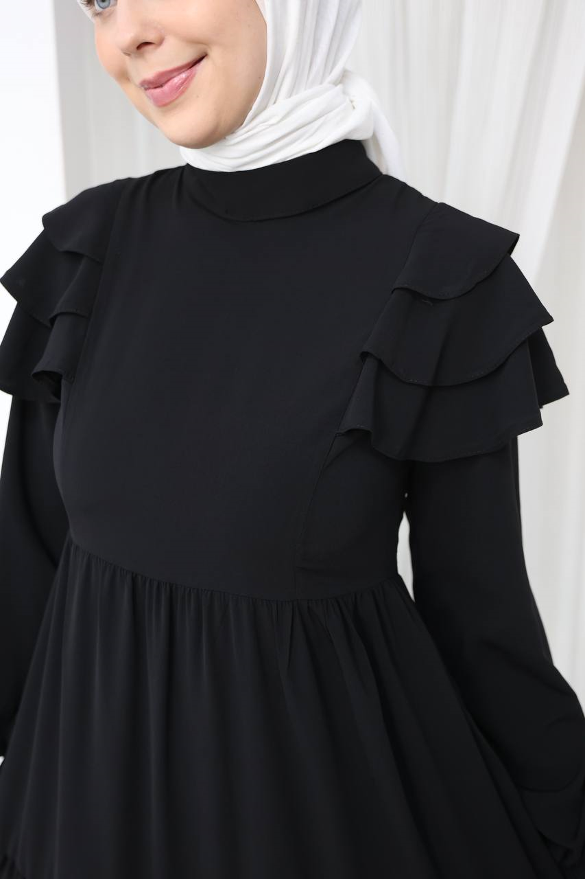 7121 Nazlı Kat Kat Elbise - Siyah