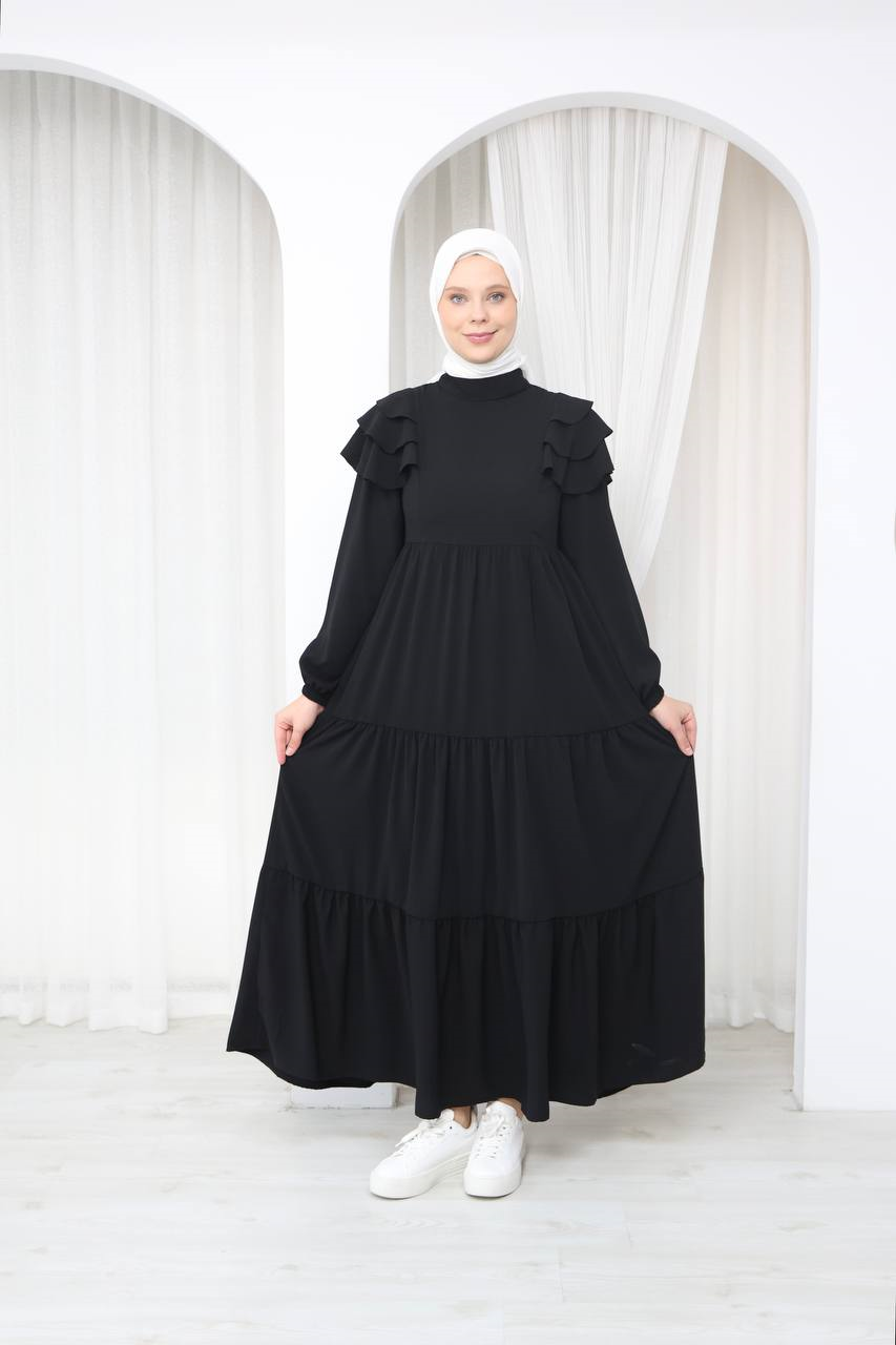 7121 Nazlı Kat Kat Elbise - Siyah
