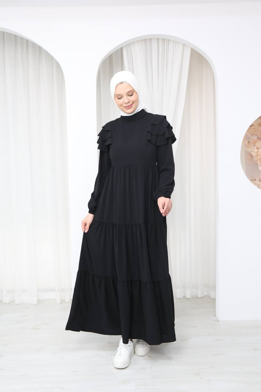 7121 Nazlı Kat Kat Elbise - Siyah