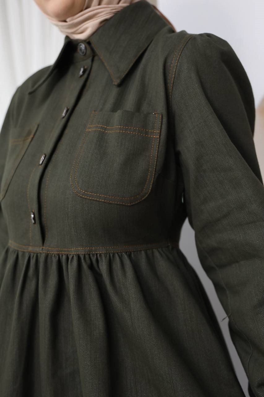 7122 Modern Ton Kot Elbise - Haki Kot