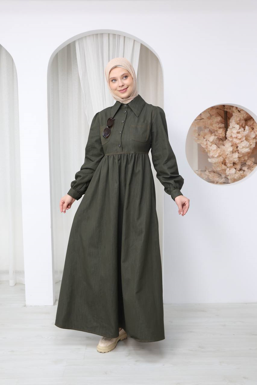 7122 Modern Ton Kot Elbise - Haki Kot