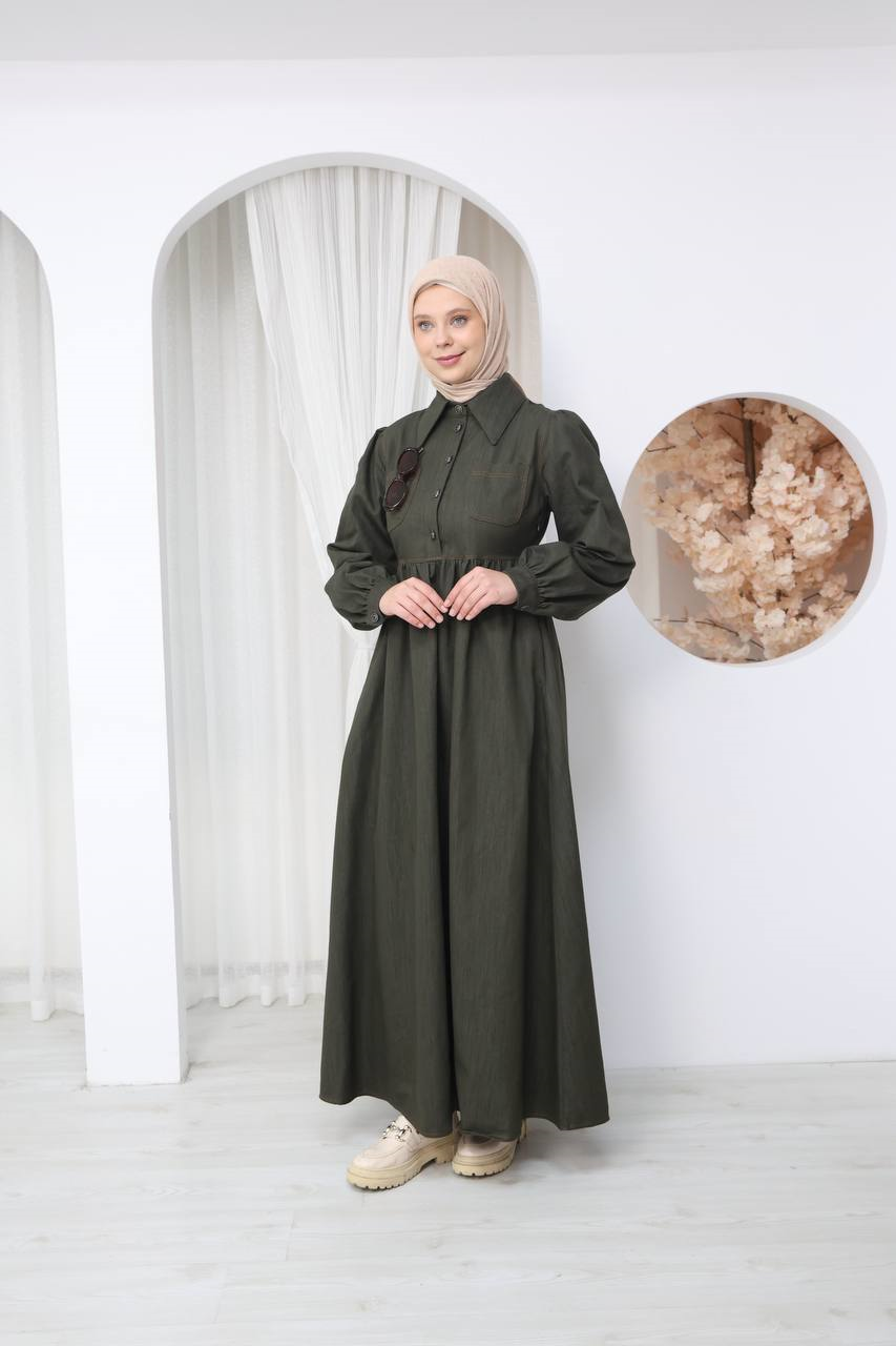 7122 Modern Ton Kot Elbise - Haki Kot