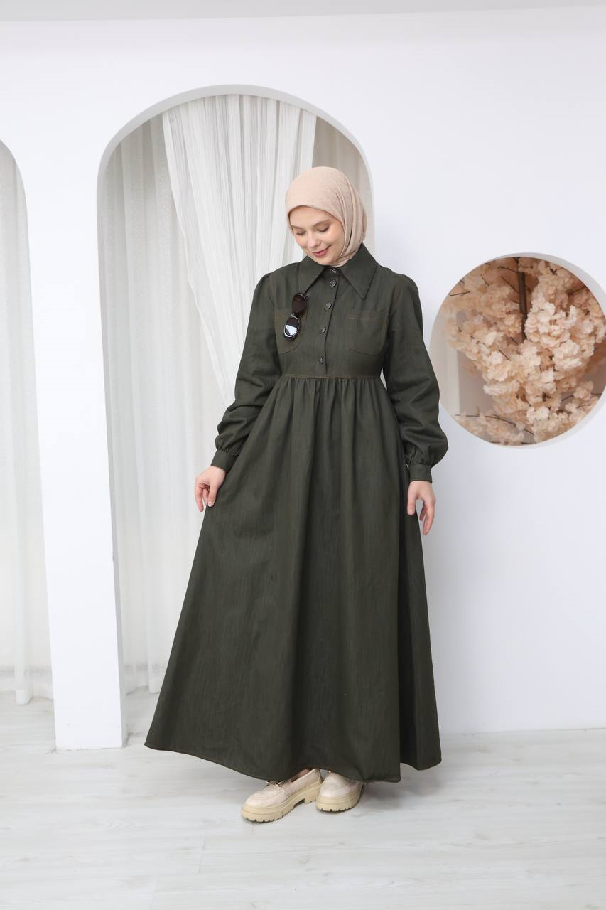 7122 Modern Ton Kot Elbise - Haki Kot