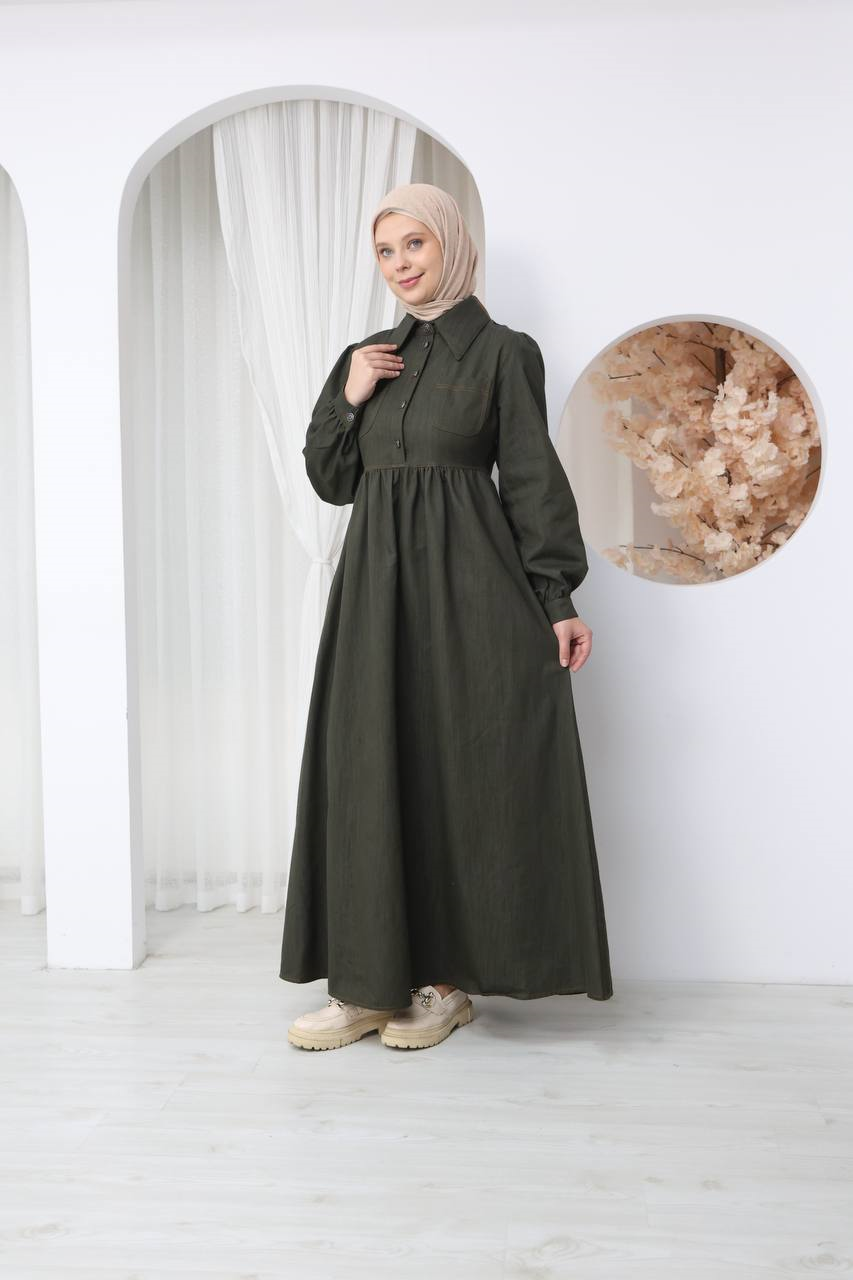 7122 Modern Ton Kot Elbise - Haki Kot