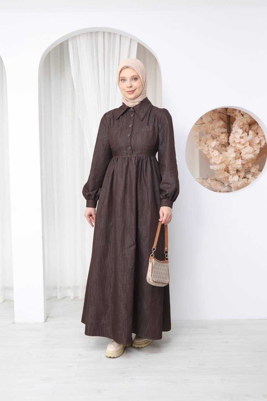 7122 Modern Ton Kot Elbise - Kahverengi Kot