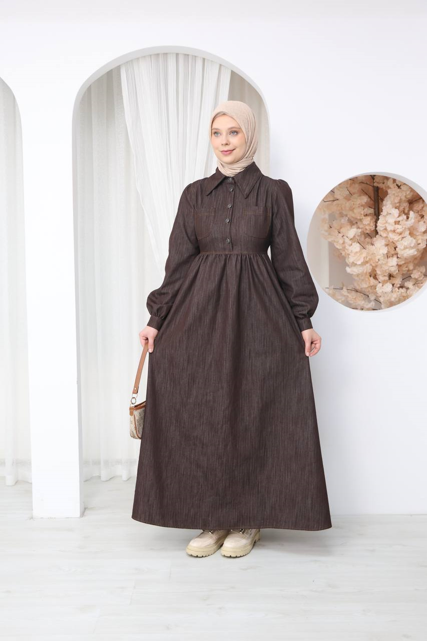7122 Modern Ton Kot Elbise - Kahverengi Kot