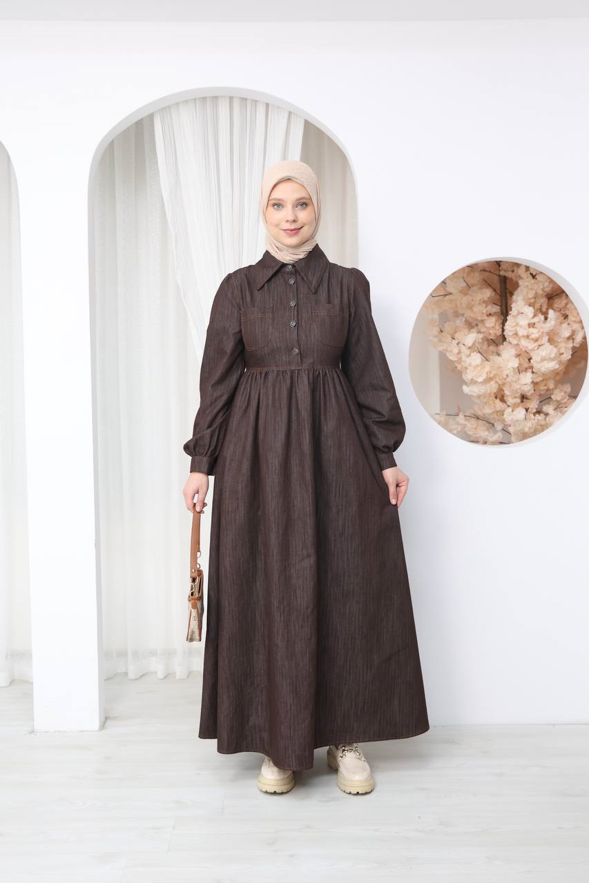 7122 Modern Ton Kot Elbise - Kahverengi Kot