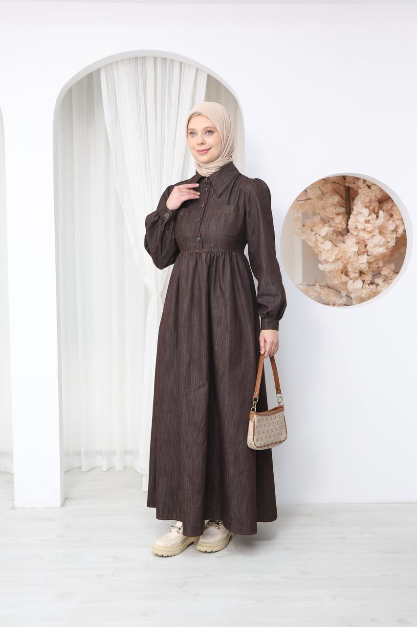 7122 Modern Ton Kot Elbise - Kahverengi Kot
