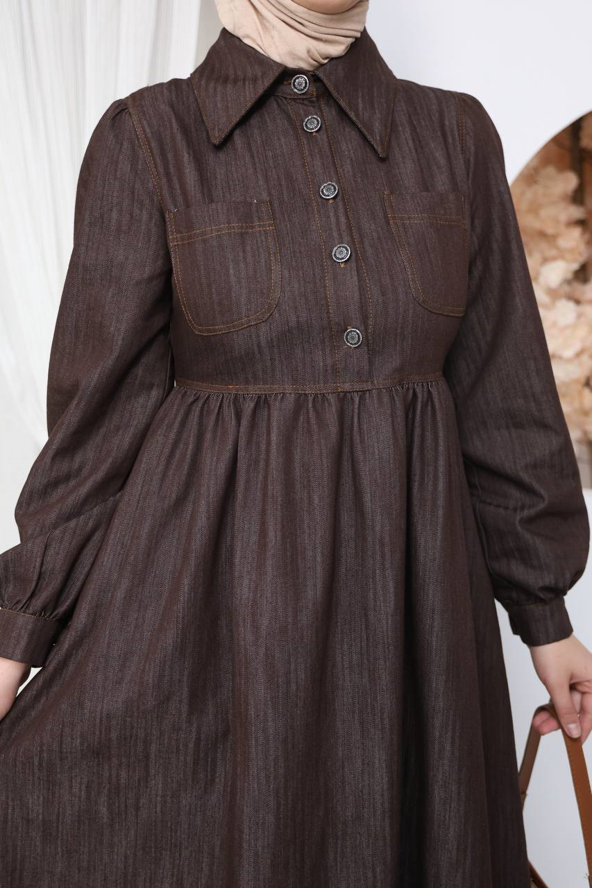 7122 Modern Ton Kot Elbise - Kahverengi Kot