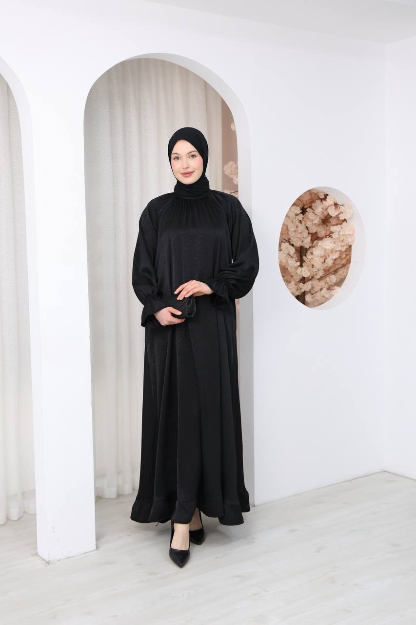7136 Saten Soft Dokunuş Elbise - Siyah