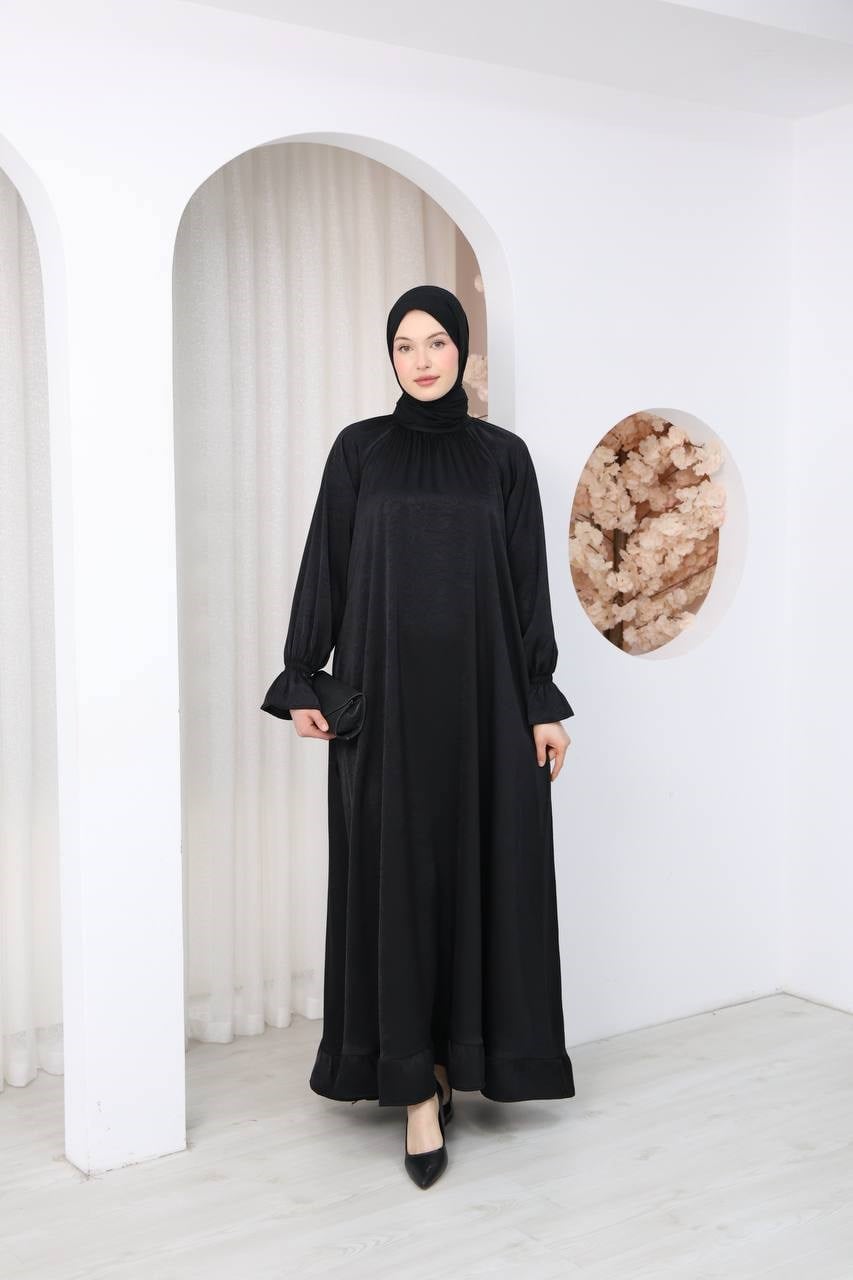7136 Saten Soft Dokunuş Elbise - Siyah