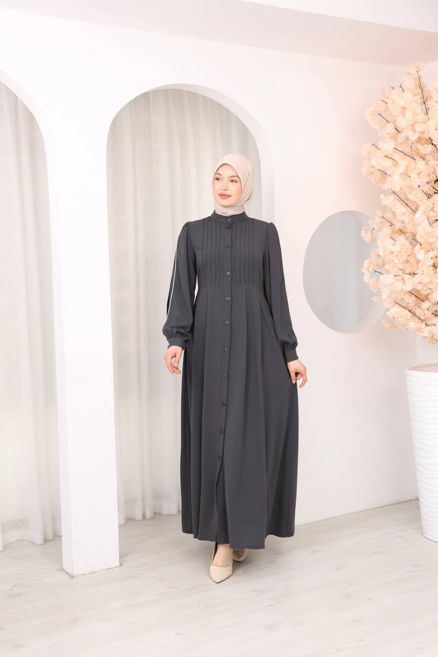 7139  Kırma Detaylı Elbise -  Gri