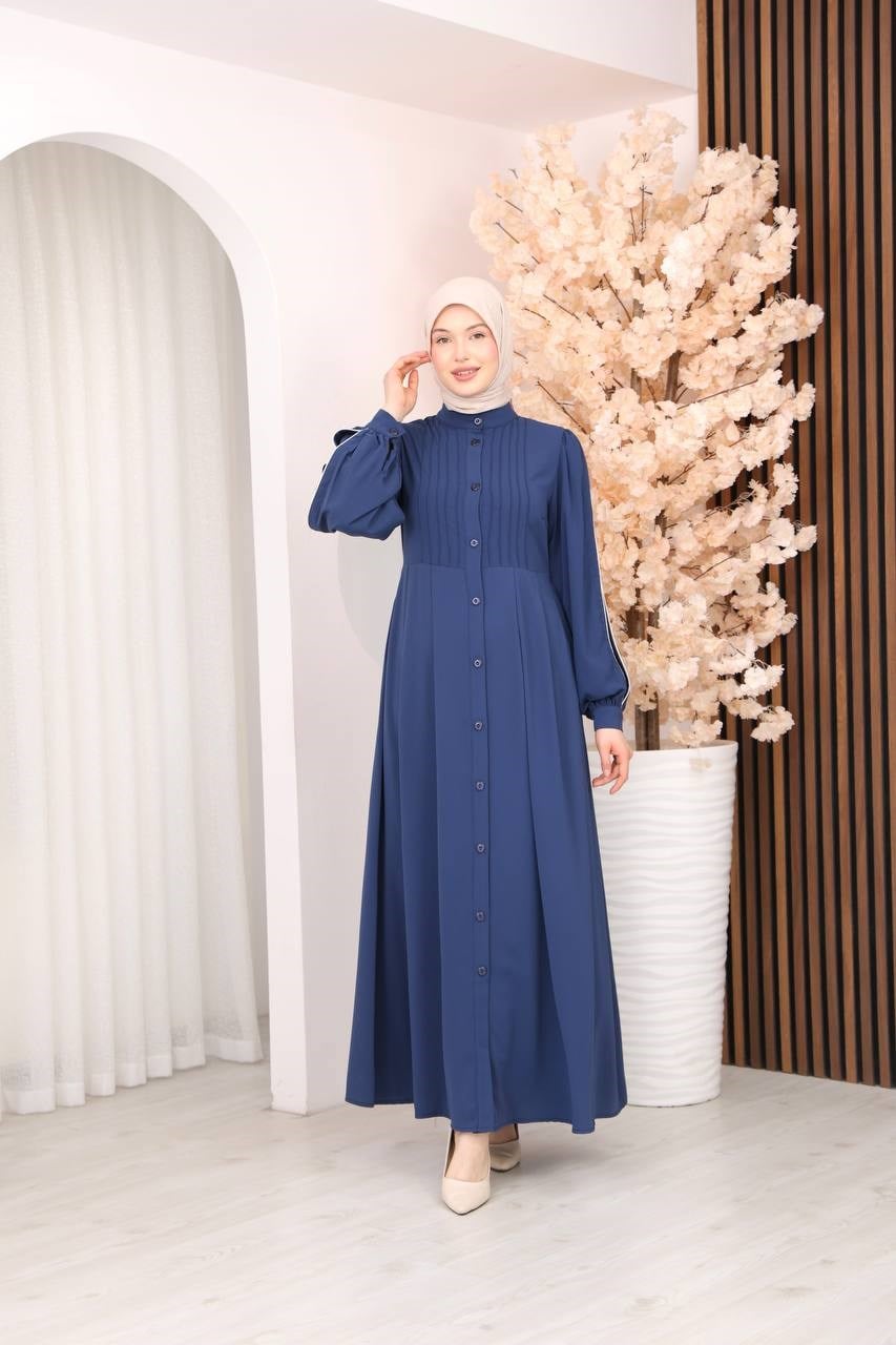 7139  Kırma Detaylı Elbise -  Saks Mavisi