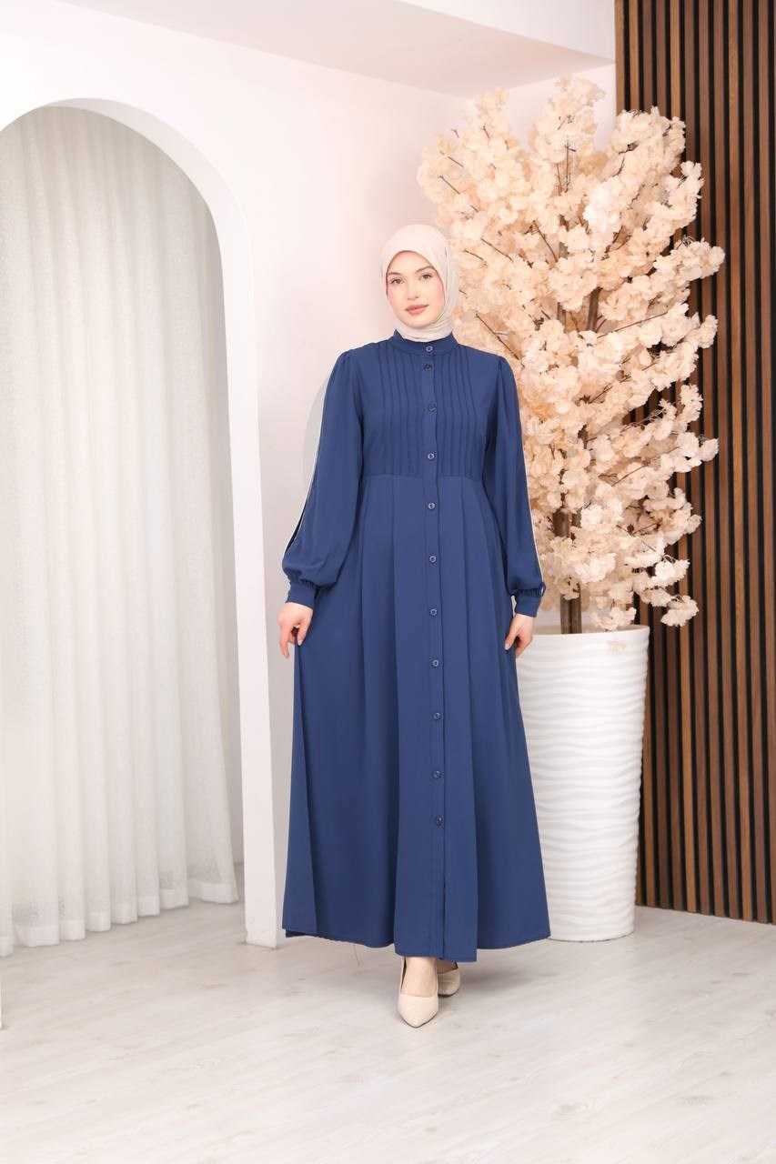 7139  Kırma Detaylı Elbise -  Saks Mavisi