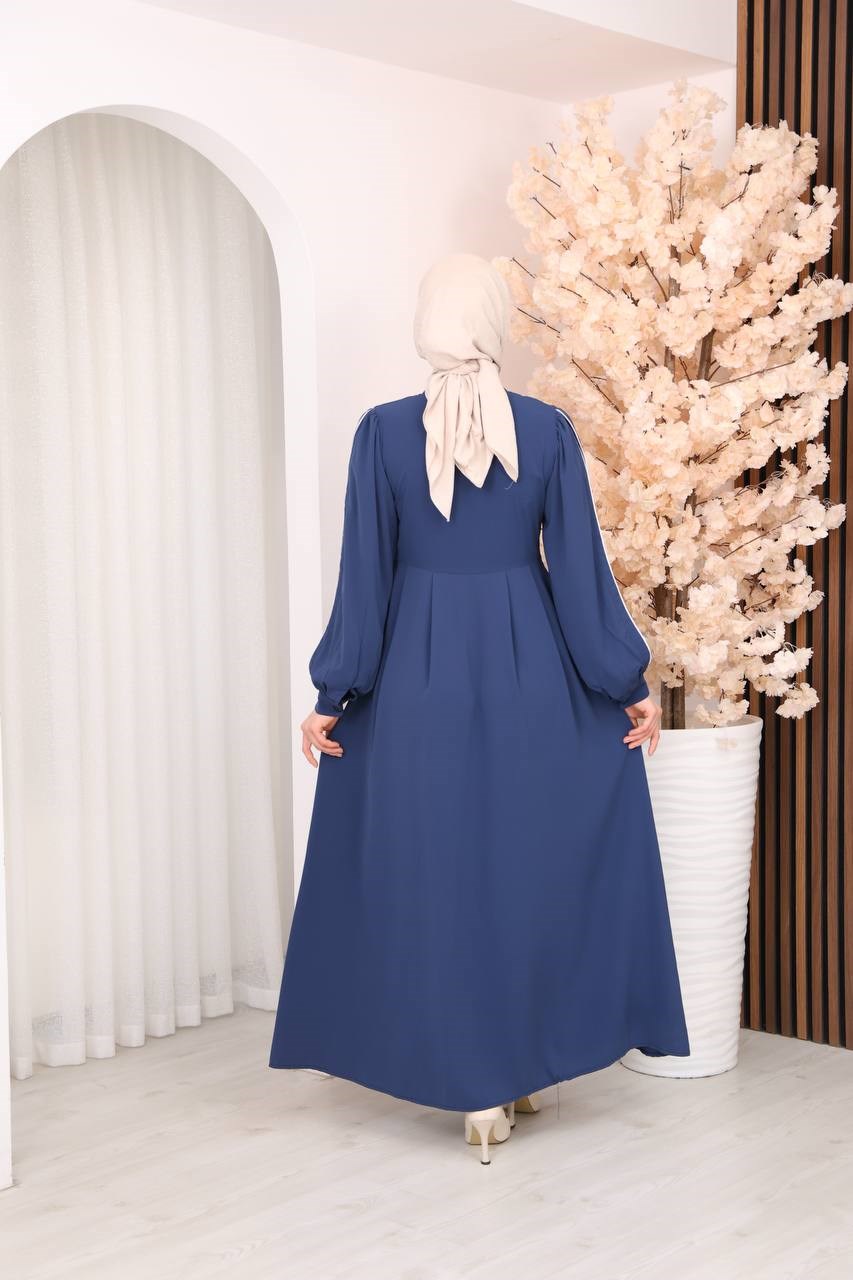 7139  Kırma Detaylı Elbise -  Saks Mavisi
