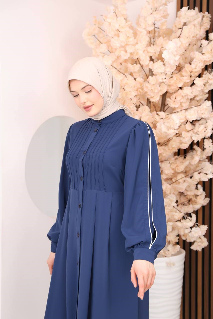 7139  Kırma Detaylı Elbise -  Saks Mavisi