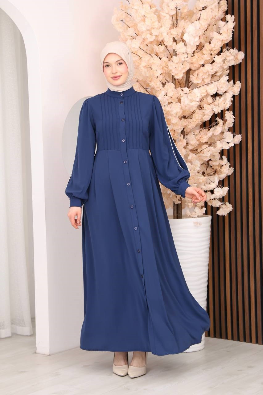 7139  Kırma Detaylı Elbise -  Saks Mavisi