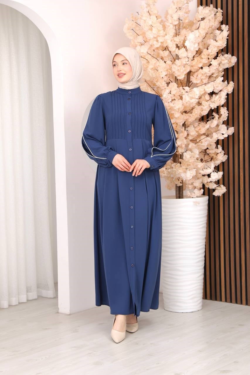 7139  Kırma Detaylı Elbise -  Saks Mavisi
