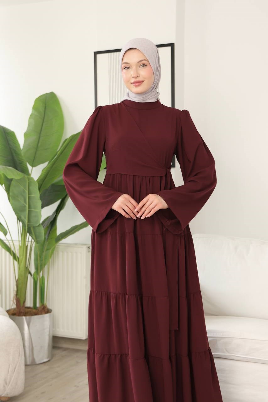 7148 Prenses Kesim Elbise - Bordo