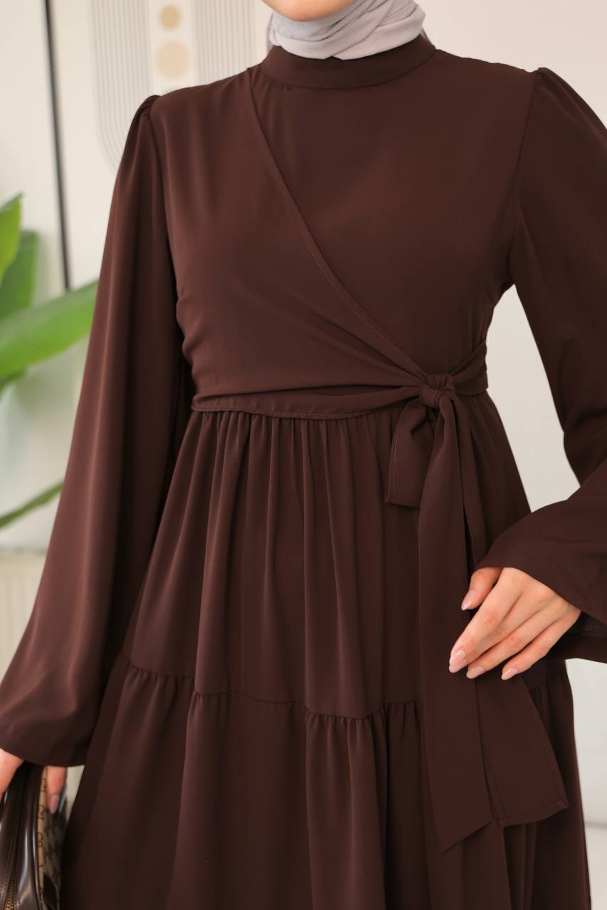 7148 Prenses Kesim Elbise - Kahverengi