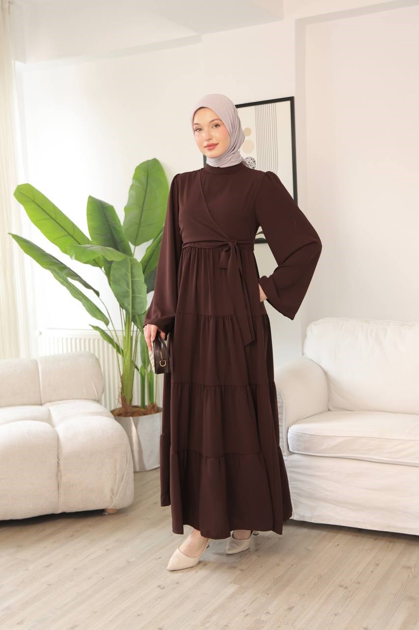 7148 Prenses Kesim Elbise - Kahverengi