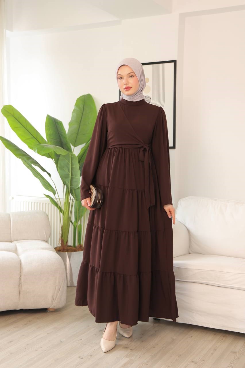 7148 Prenses Kesim Elbise - Kahverengi