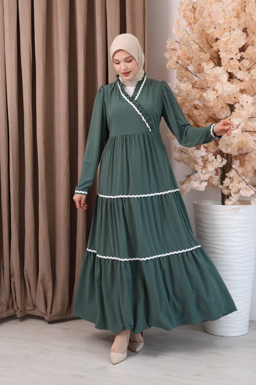 7154 Narin Güpür Fırfır Elbise - Mint Yeşili