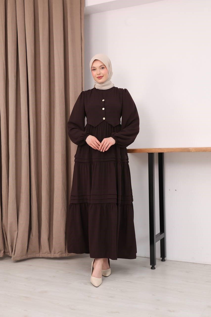 7156 Elegant Katlı Elbise - Acı kahve 