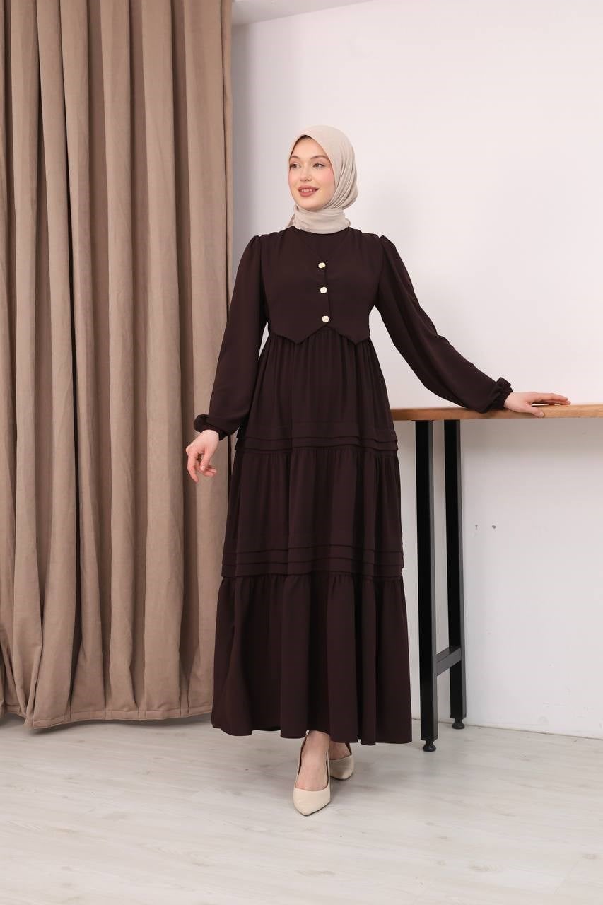 7156 Elegant Katlı Elbise - Acı kahve 