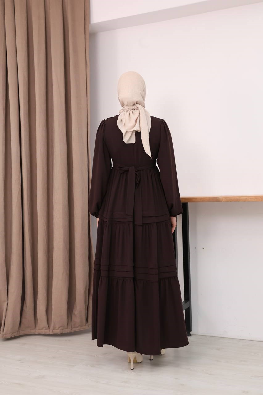 7156 Elegant Katlı Elbise - Acı kahve 
