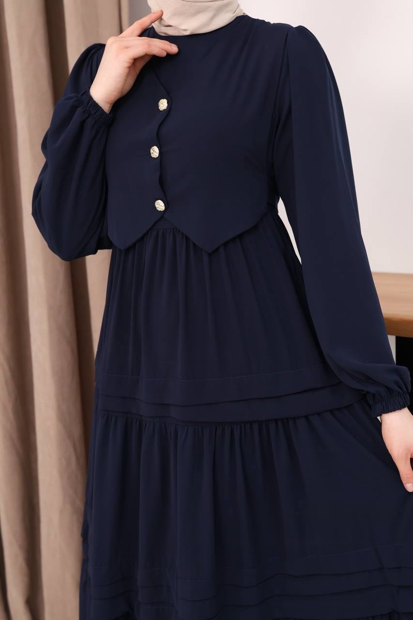7156 Elegant Katlı Elbise - Lacivert 