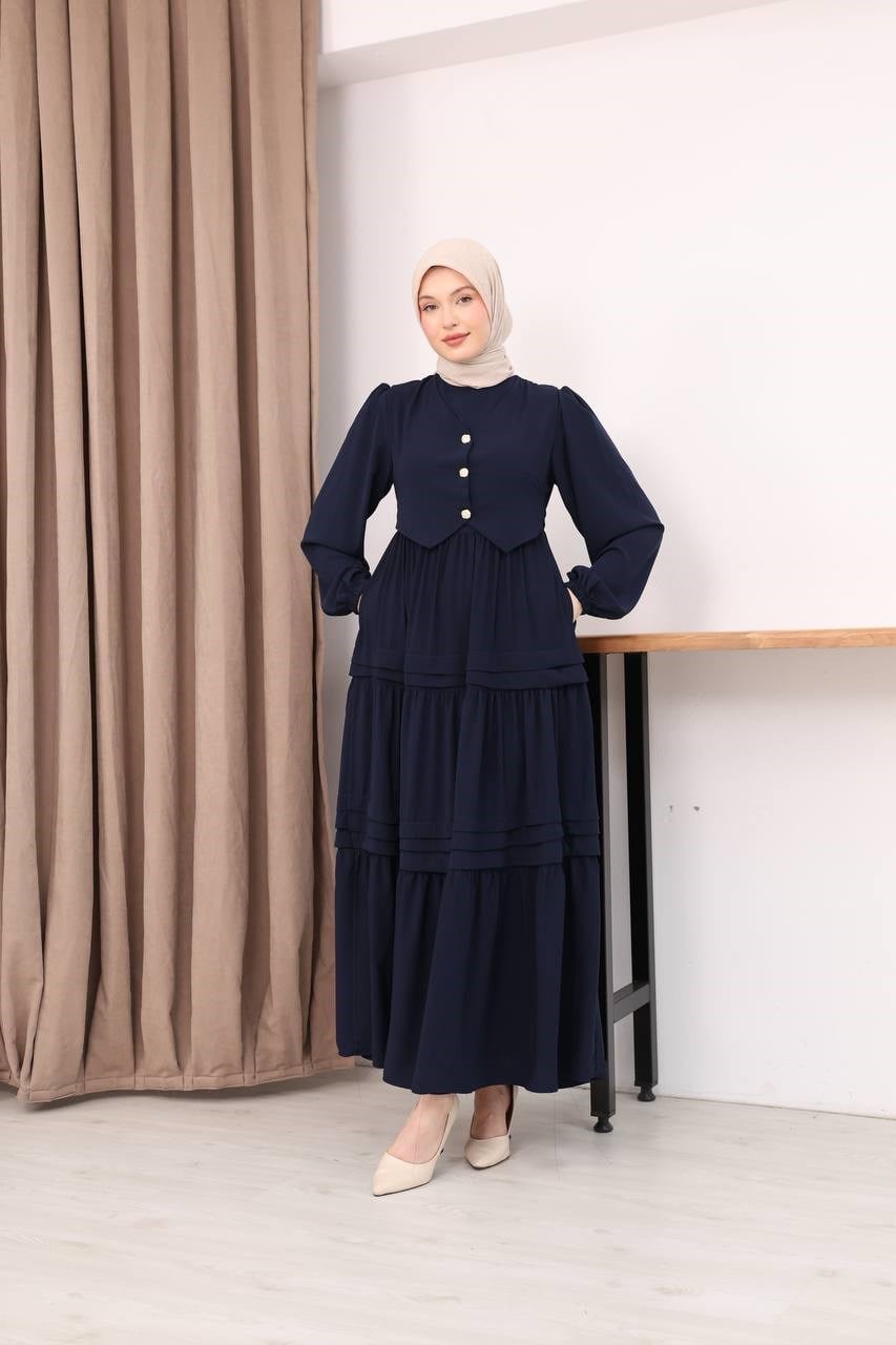 7156 Elegant Katlı Elbise - Lacivert 