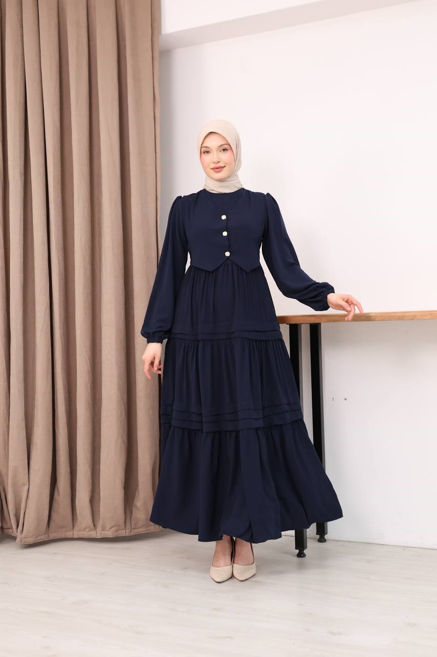 7156 Elegant Katlı Elbise - Lacivert 