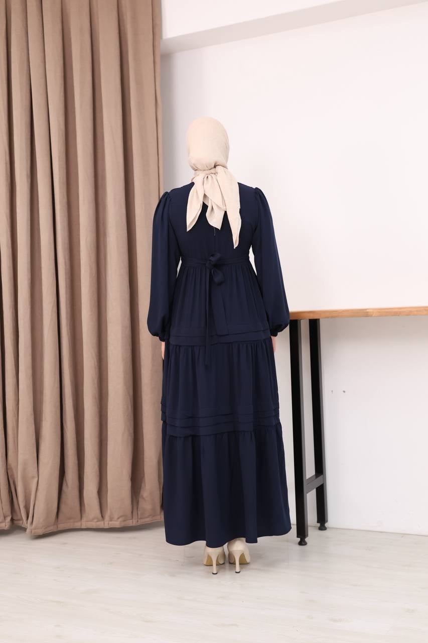 7156 Elegant Katlı Elbise - Lacivert 