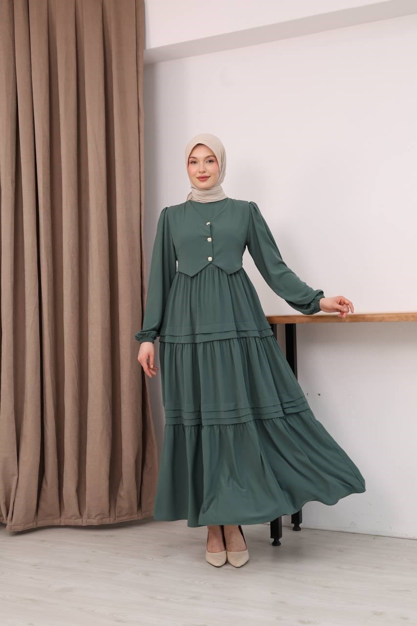 7156 Elegant Katlı Elbise - Mint Yeşili 
