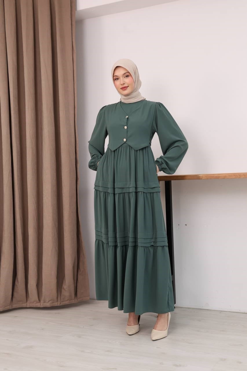 7156 Elegant Katlı Elbise - Mint Yeşili 