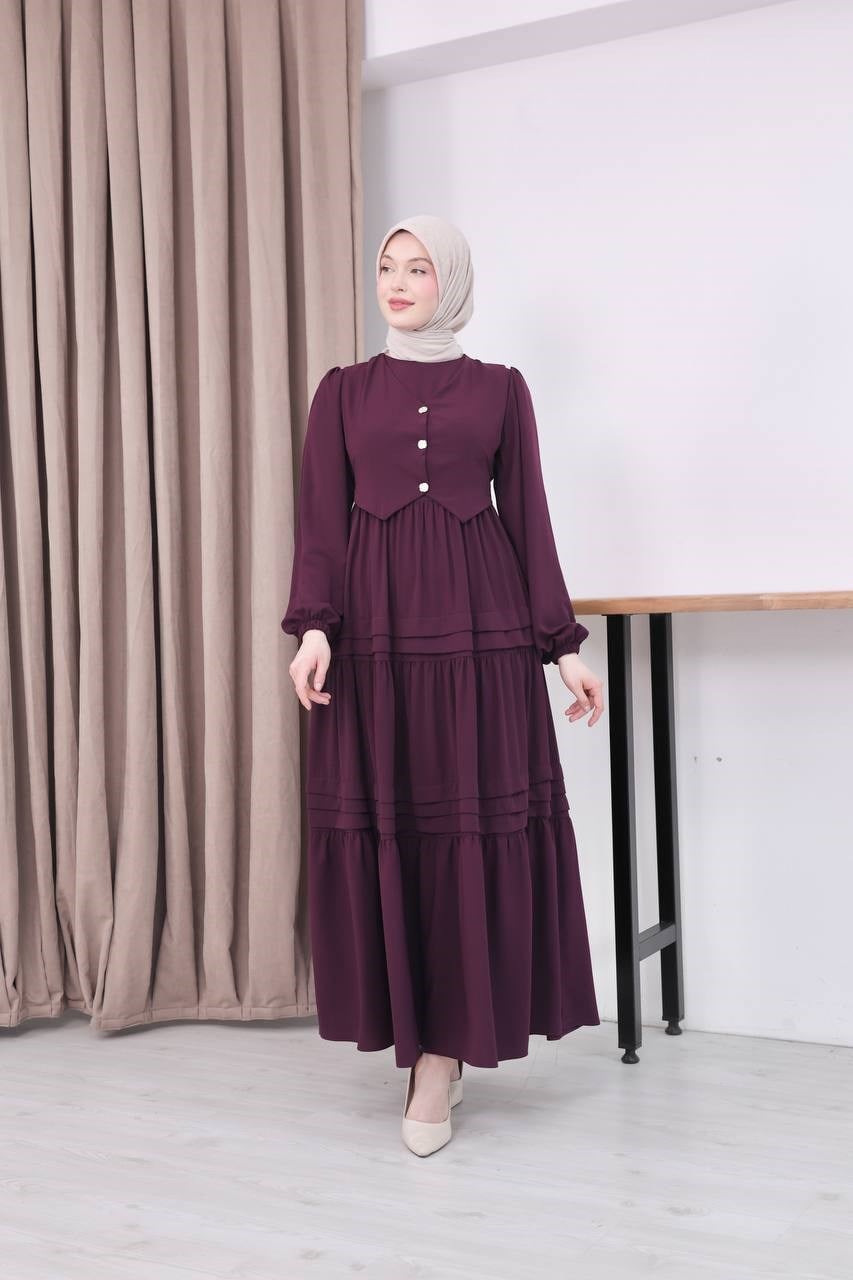 7156 Elegant Katlı Elbise - Mürdüm 