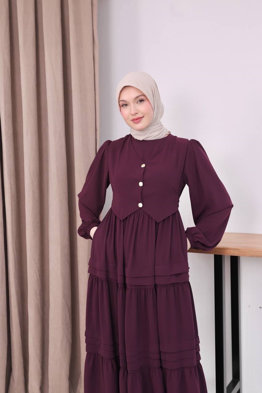 7156 Elegant Katlı Elbise - Mürdüm 