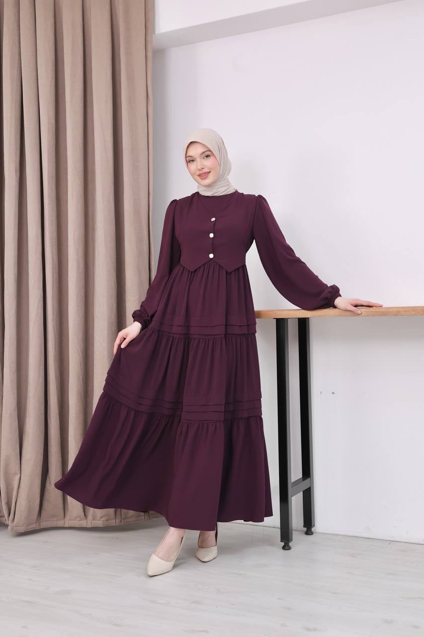 7156 Elegant Katlı Elbise - Mürdüm 