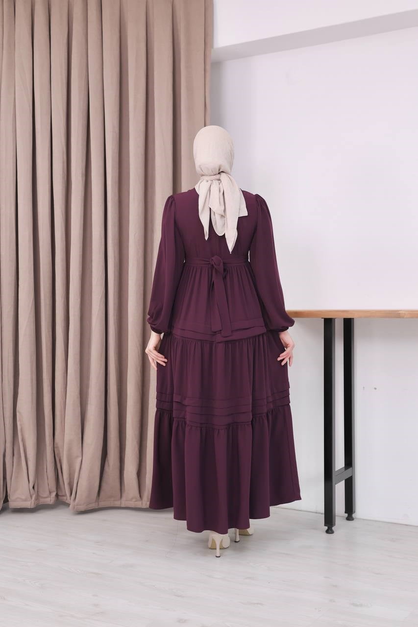 7156 Elegant Katlı Elbise - Mürdüm 