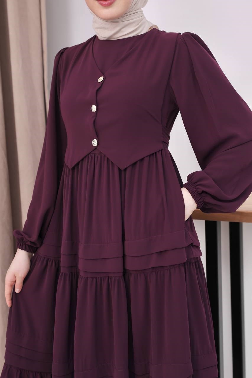 7156 Elegant Katlı Elbise - Mürdüm 