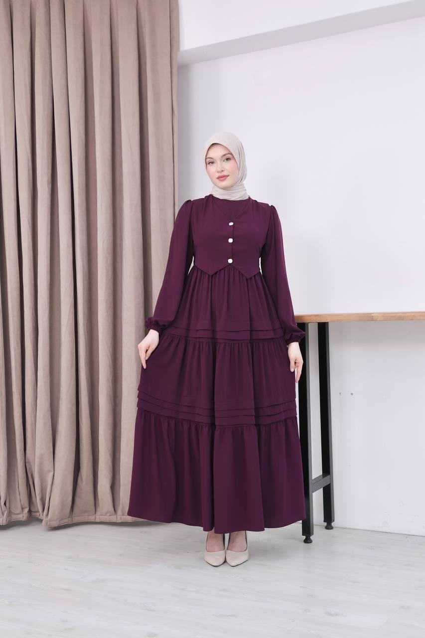 7156 Elegant Katlı Elbise - Mürdüm 