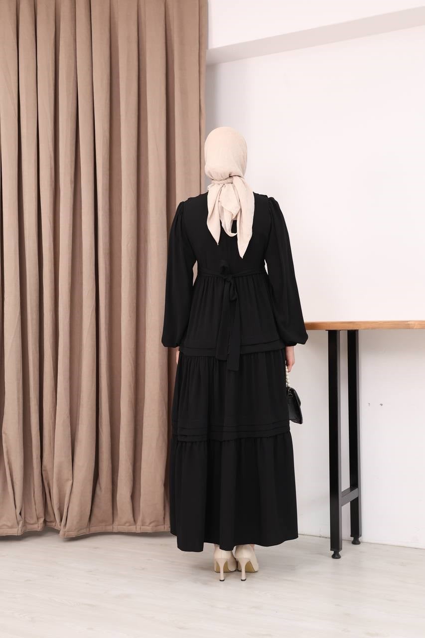 7156 Elegant Katlı Elbise - Siyah 