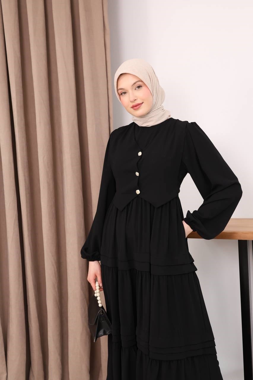 7156 Elegant Katlı Elbise - Siyah 